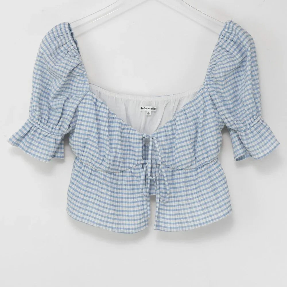 Reformation Lena Top Gingham Cropped Puff Sleeve Blouse Blue White Size 2